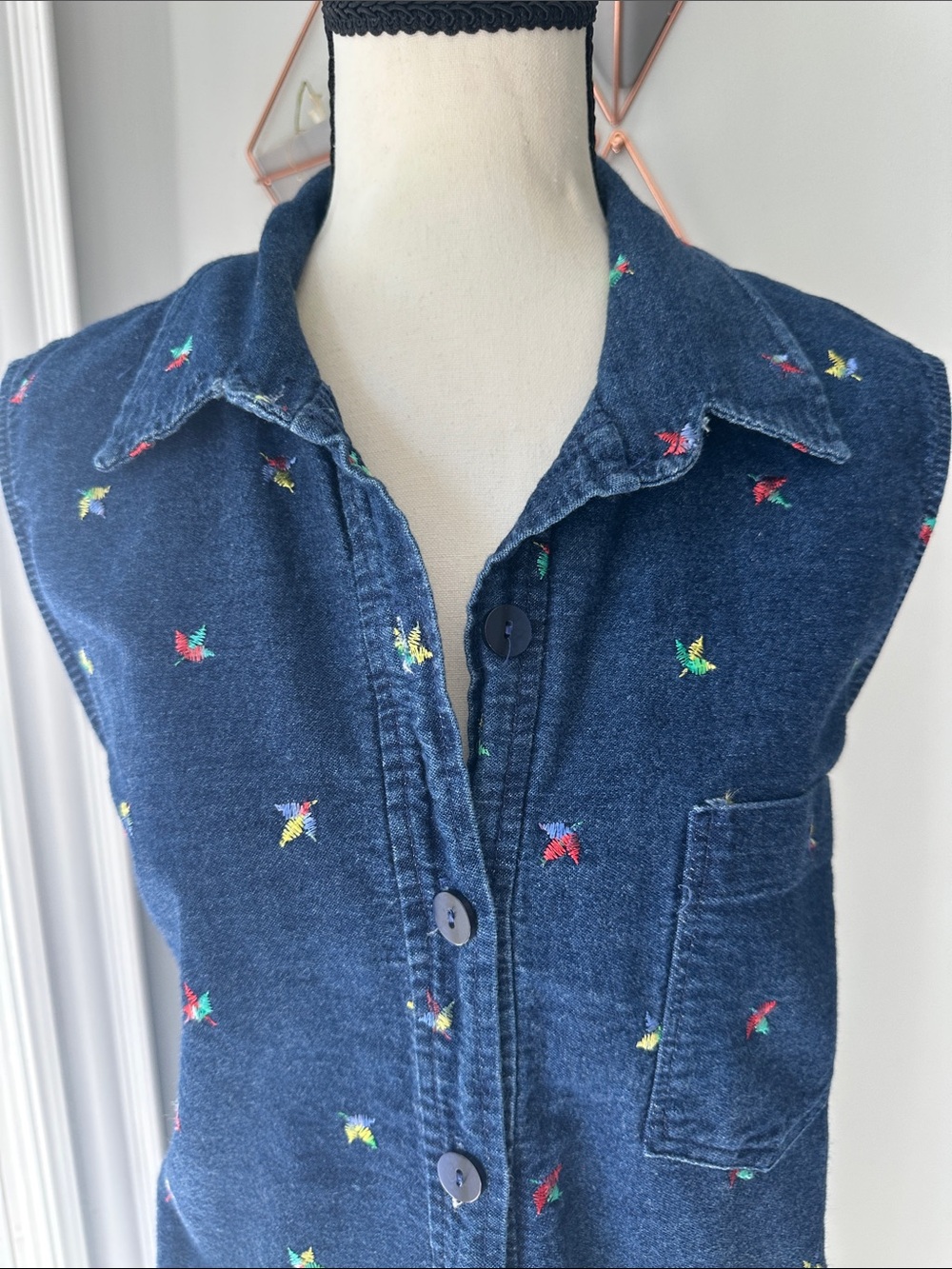VINTAGE 90s Denim Navy Blue Embroidered Maxi Jean Dress Button Front Size 16 - Picture 2 of 14